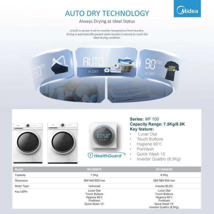 Midea Mesin Cuci 1 Tabung Front Loading Inverter 8.5 Kg - MF100W85B | MF100-W85B